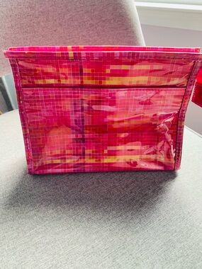 Clinique Make Up Bag Pink Yellow Shiny Cosmetic Toiletries Waterproof Zip Top